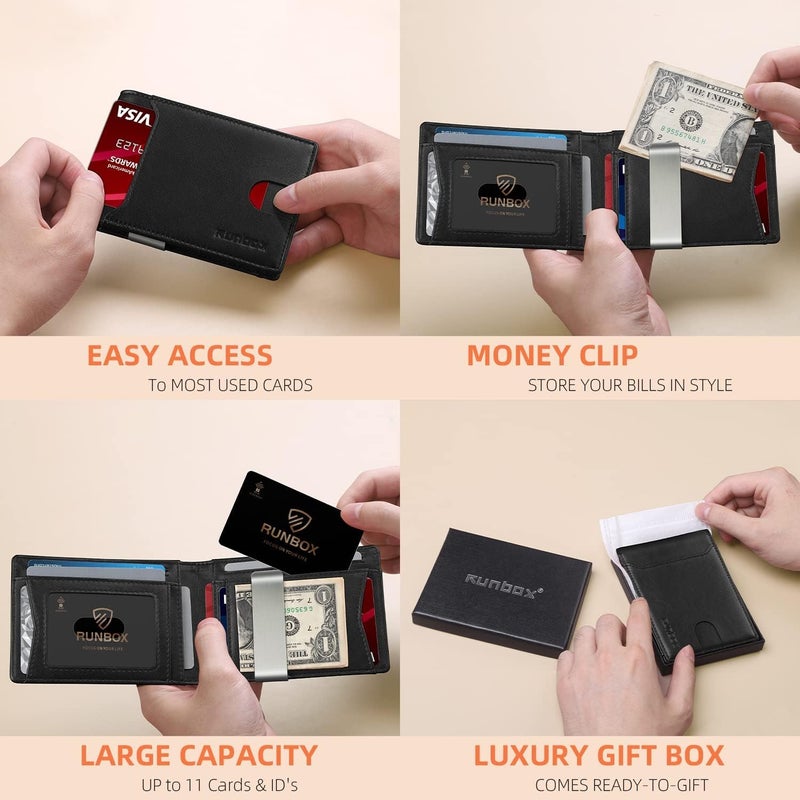 RUNBOX Money Clip Wallets for Men,Slim Leather Mens Bifold Wallet,RFID Blocking Front Pocket Wallet,Thin Credit Card Holder with Gift Box - Image 2